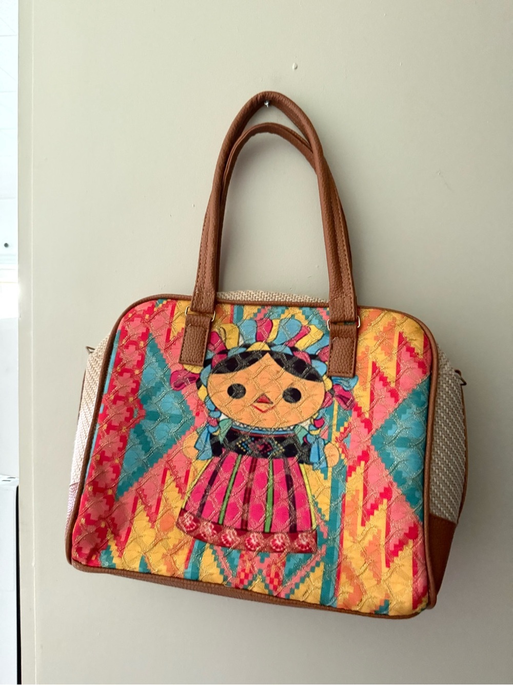 Frida Kahlo Colorful Hand-Embroidered Doll Tote Bag - Pink, Turquoise & Yellow - Picture 3 of 3